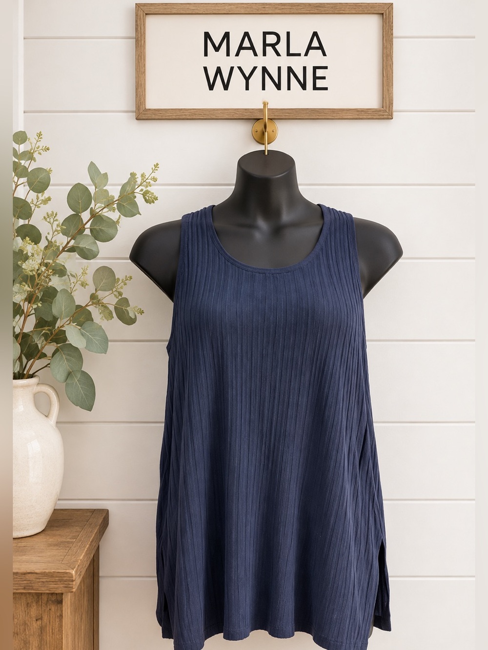 MARLA WYNNE Blue Grey Ribbed Sleeveless Top – XL